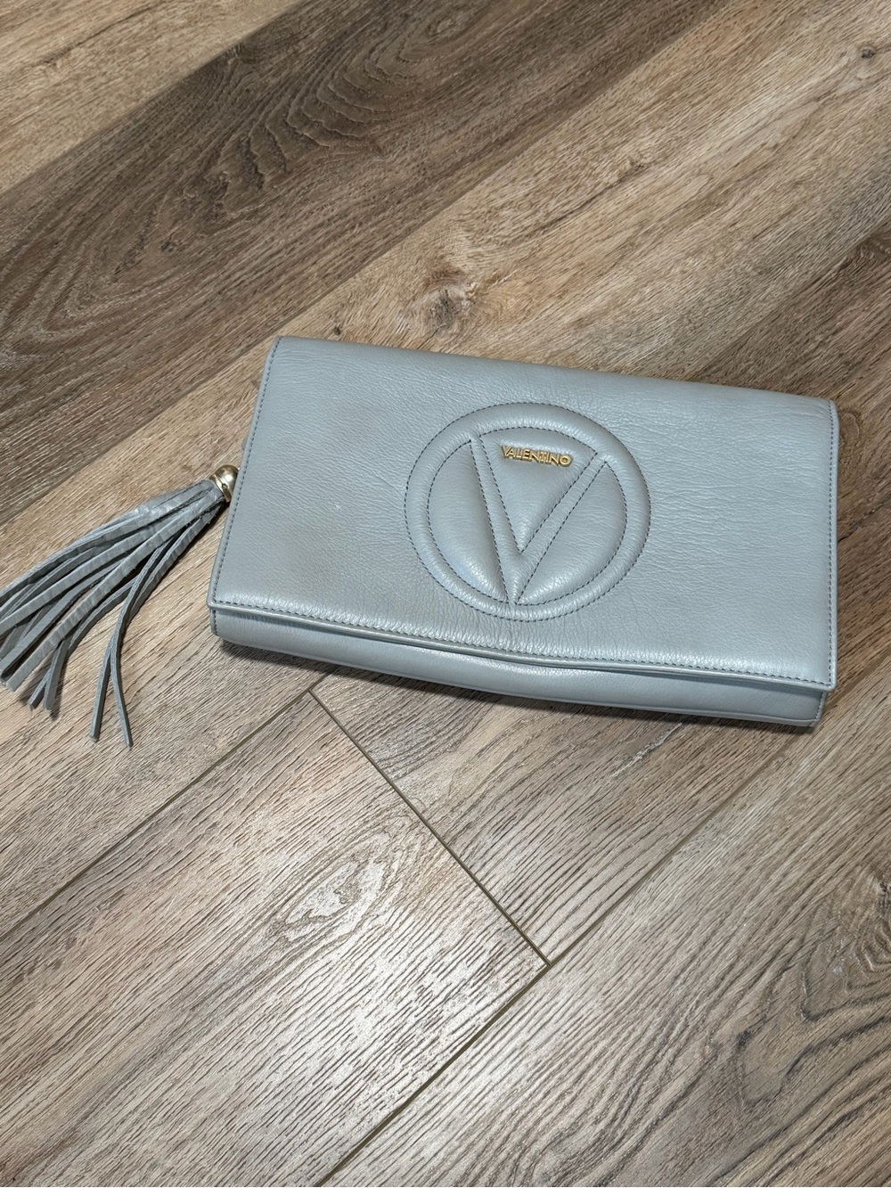 Valentino Pale Gray Leather Tassel Clutch